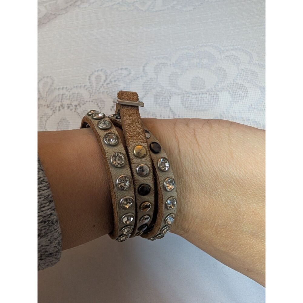 Vintage Boho Leather Layered Wrap Cuff Bracelet - Mixed Metal Studs Crystals